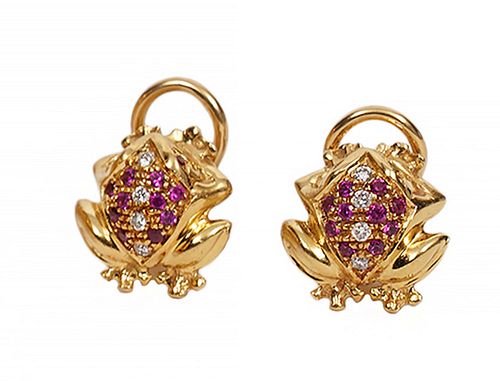 Zannetti 18K Diamond & Ruby Frog Clip Earrings