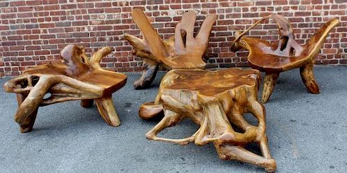 Carved Teak Root Chair and Table Lot.