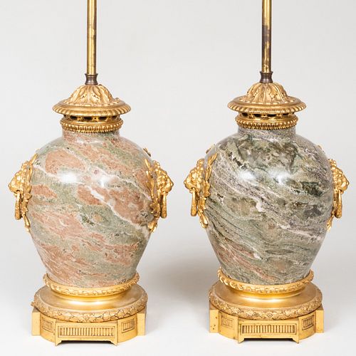 Pair of Louis XVI Style Ormolu-Mounted Marble Lamps