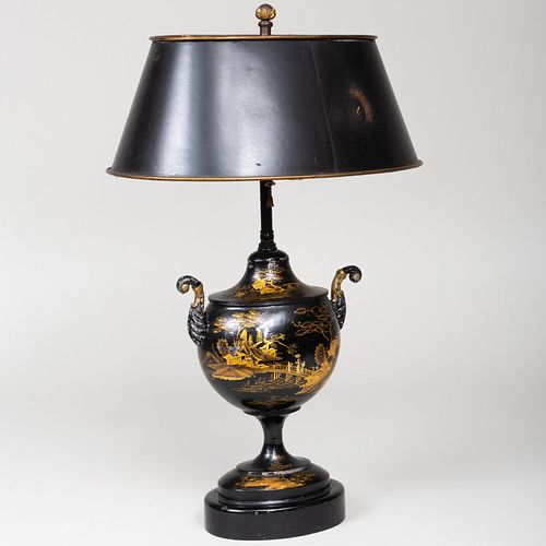 English Painted TÃ´le Urn Mounted as a Lamp and a Shade