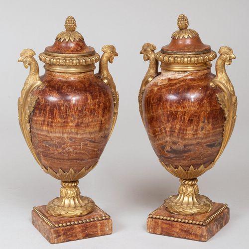 Pair of Louis XVI Ormolu-Mounted Marble Urns and Covers