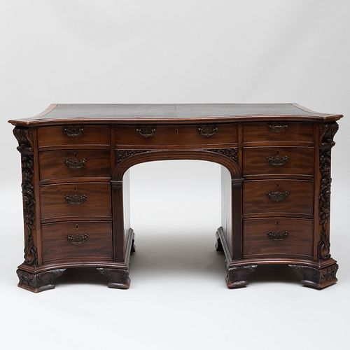 George III Style Carved Mahogany Serpentine-Fronted Kneehole Desk