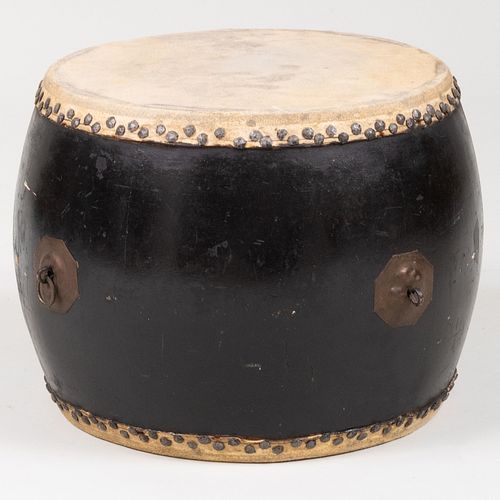 Asian Metal-Mounted Black Painted and Hide Drum 