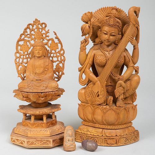 Indian Wood Figure of Sarasvati and a Seated Figure of Buddha