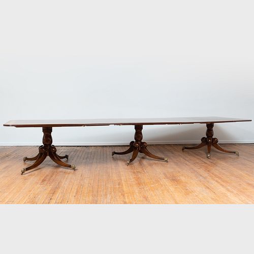 George III Style Inlaid Mahogany Triple-Pedestal Dining Table, of Recent Manufacture
