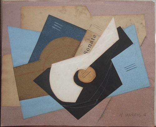 Henri Laurens   Still Life with Guitar  Collage on paper signed LR