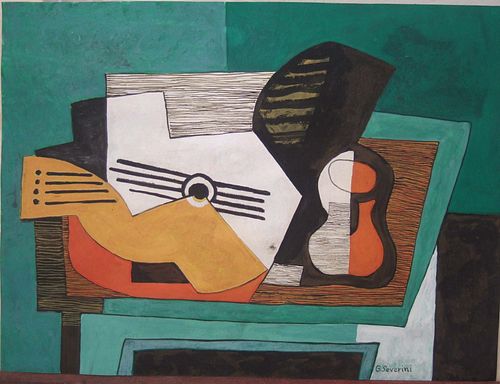 Gino Severini. Cubist Still Life with Guitar, Gouache on Paper