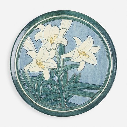 Henrietta Bailey for Newcomb College Pottery, Early wall-hanging charger with lilies