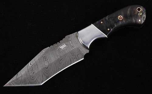 M.T. Knives Damascus and Rams Horn Tanto Knife
