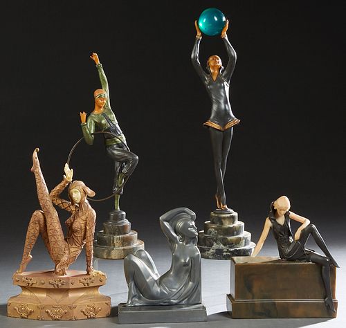Group of Five Art Deco Dancing Figures, 20th c., one a woman with a hoop, on a stepped marble base; one with a glass ball, on a stepped marble base; o