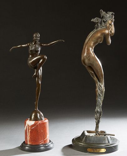 After Johan Ferdinand Preis (1882-1943), "Female Deco Dancer," late 20th c., patinated bronze #A7255, with a button mark "J. B. Deposee Bronze Garanti