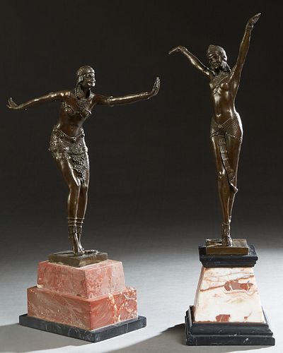 After Demetre H. Chiparus (1886-1947 Romanian), "Egyptian Dancer," and "Art Deco Flapper," two patinated bronzes, one on a stepped pink marble base; t