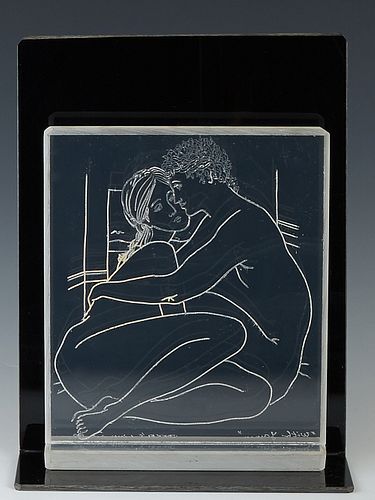 Emile Dekel (French/Israel), "With You, A.S.," 1979, engraving on lucite, presented on a smoke gray lucite stand, H.- 8 1/2 in., W.- 7 in., D.- 2 in. 