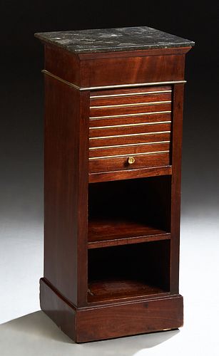 French Louis Philippe Carved Mahogany Marble Top Nightstand, 19th c., the figured black marble over a tambour door marble lined pot cupboard, above tw