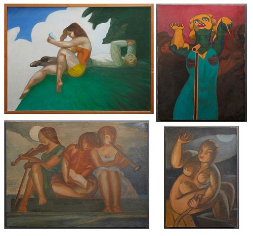 Larry Zink (New Orleans), four oils on canvas, "Torch," 1989, H. 24 in., W.- 18 in., unframed; "Seated Nude," 1996, H.- 17 in., W.- 12 in., unframed; 