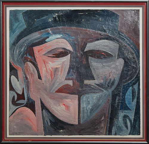 Loulyn Carstater (1941-1998, New Orleans), "Abstract Face," 20th c., oil on paper signed indistinctly lower left, presented in a grey metal frame, H.-