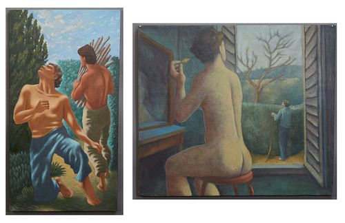John Stennett (1948-, New Orleans), "Two Shirtless Men," 20th c., unsigned, and "Woman Looking Out Window," 1991, two oils on canvas, the second signe