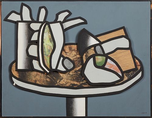 Edward Whiteman (1938-, Louisiana), "Silver Things," 1971, acrylic and mixed media on panel, initialed and dated lower right, verso with a "Simone Ste