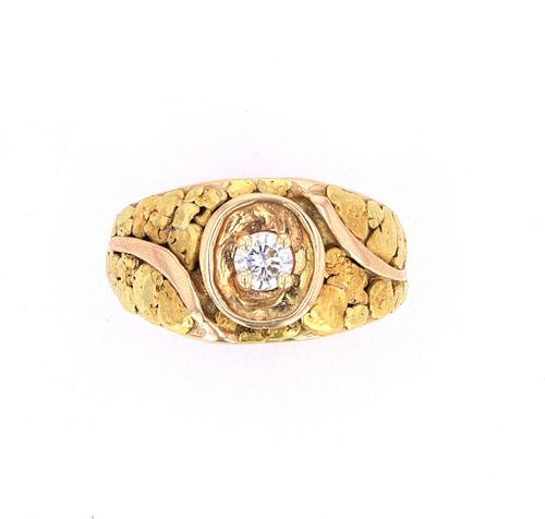 1930's European Cut & 14K Gold Nugget Ring