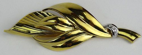 Lady's Vintage 18 Karat Yellow Gold Leaf Brooch with Small accent Diamonds. Signed 750.