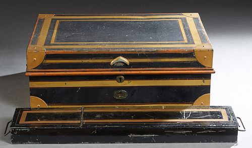 Two Tin Items, consisting of a bank safety deposit box, and a despatch box, c. 1897, by Vullijee & Sons, Mooltan, India, the lid with a drop down cove