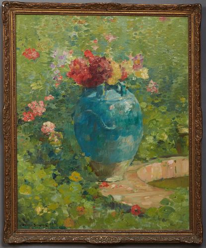 Maurice Bompard (1857-1936, French), "Flowers in a Jardiniere," 19th c., oil on canvas, signed lower left, presented in a gilt and gesso frame, H.- 36