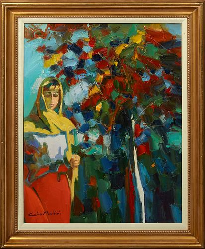 Gino Martini (1935-, Italian), "Pensive Woman Beside a Tree," 20th c., oil on canvas, signed lower left, presented in a beaded gilt frame with a linen