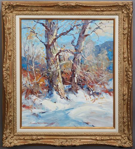 Edward Norton Ward (American), "Old Friends," 20th c., acrylic on canvas, signed lower left, titled and signed en verso, presented in a carved wooden 