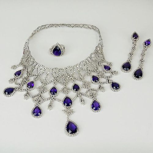 Lady's Vintage Finely Made Approx. 96.50 Carat Pear Shape Amethyst, 32.0 Carat Diamond and 18 Karat White Gold Parure Including Necklace.