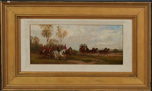 Robert Stone (1820-1870, British), "Hunting Scene," 19th c., oil on panel, signed lower right, presented in a gilt frame with a linen liner, H.- 4 3/8