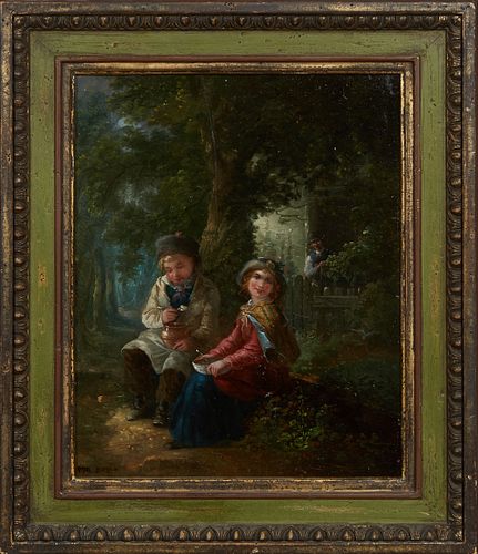 Paul Doyle, "Two Children Eating Lunch," 20th c., oil on canvas laid to board, signed lower left, presented in a gilt and polychromed frame, H.- 12 7/