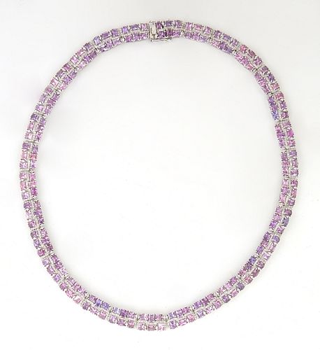 Lady's 18K White Gold Link Necklace, each of the 29 rectangular link with six emerald cut unheated pink sapphires, separated by rows of tiny round dia