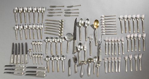One Hundred Five Piece Set of Tiffany Sterling Flatware, 1956, in the "Harlequin" pattern, consisting of 15 salad forks, 14 teaspoons, 8 cold soups, 1