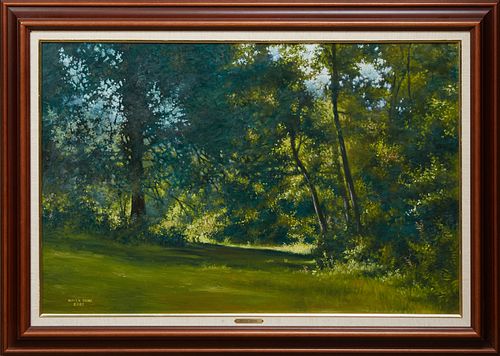 Waven Boone (American), "Wooded Landscape," 1982, oil on canvas, signed and dated lower left, presented in a wooden frame, H.- 23 1/2 in., W.- 35 1/2 