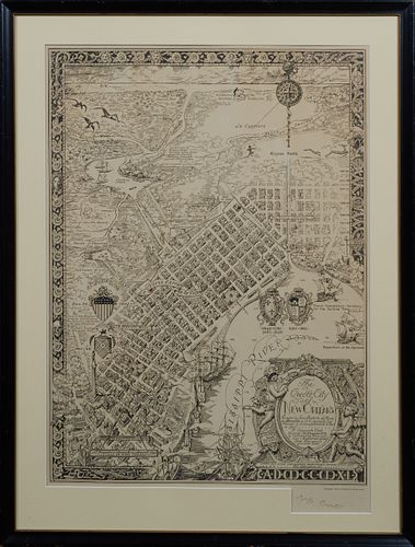Rare Nathaniel Cortlandt Curtis, "The Creole City of New Orleans," map, copyright 1930, autographed lower right by Nathaniel Curtis, presented in an e
