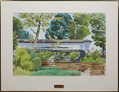 Charles Wallis (American), "Rural Covered Bridge," 1982, watercolor on paper, signed and dated lower left, presented in a brass frame, H.- 20 in., W.-