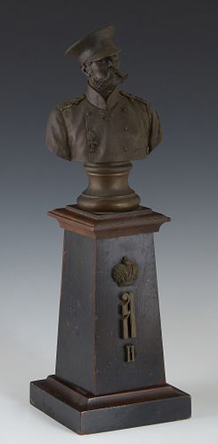 Russian Bronze Bust of Kaiser Wilhelm II, 1881, inscribed in cyrillic and dated verso, presented on a stepped ebonized mahogany plinth, Bust.- 6 1/2 i