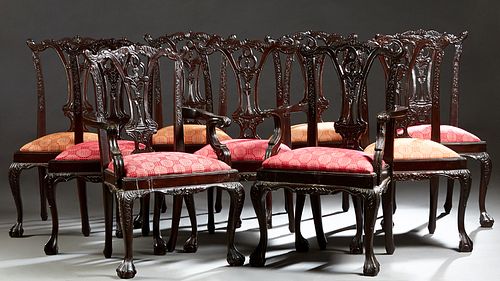 Set of Nine Carved Mahogany Chippendale Style Dining Chairs, 20th c., consisting of two armchairs and seven side chairs, the serpentine crest rails ov