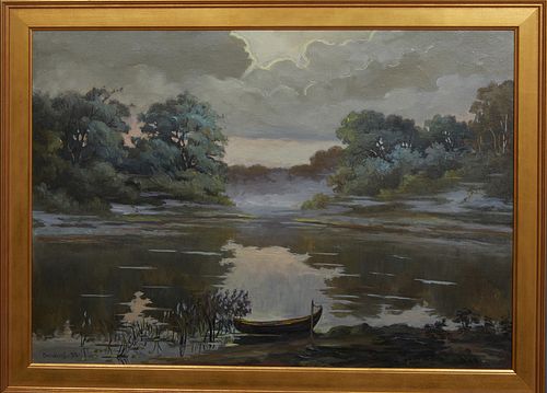 Russian School, "Lake Scene," 20th c., oil on canvas, signed in Cyrillic lower left, possibly "Sygaikov,"presented in a gilt frame, H.- 19 in.,