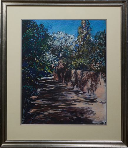 M. Muchmne (American), "Shadowy Pathway with Wall," 20th c., pastel on paper, signed lower right, presented in a silver cove molded frame, H.- 24 in.,
