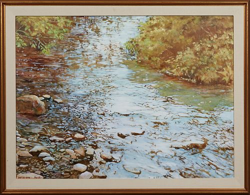 Genevieve Reckling (American), "Shining River," acrylic on canvas, signed lower left, presented in a black and gold wooden frame, H.- 29 1/2 in., W.- 