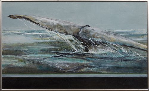 Jean Stull (1910-1972, American/Pennsylvania), "Whale of a Tail," 1979, gouache and tissue laid on board, signed and dated lower right, presented in a