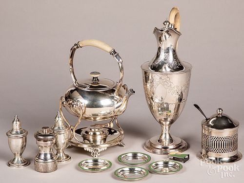 Three pieces of silver plated hollowware, etc.