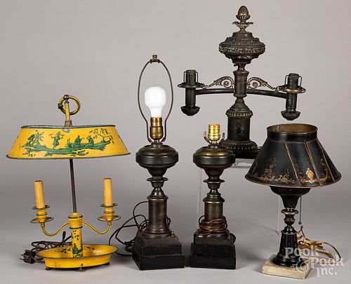 Five metal table lamps