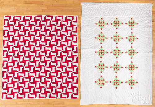 Red and white pieced quilt, etc..