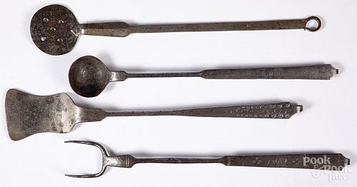 Four whitesmithed kitchen utensils