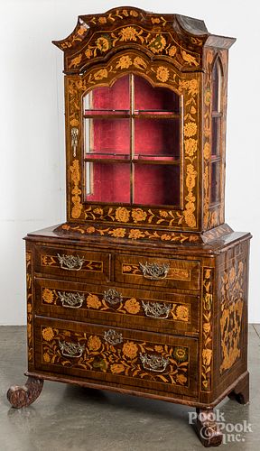 Dutch marquetry inlaid two-part bookcase