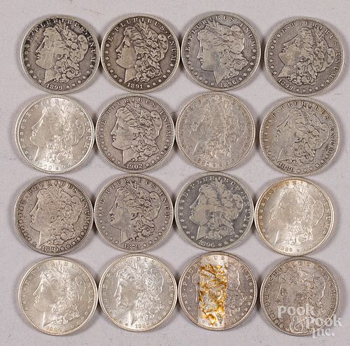 Sixteen Morgan silver dollars.