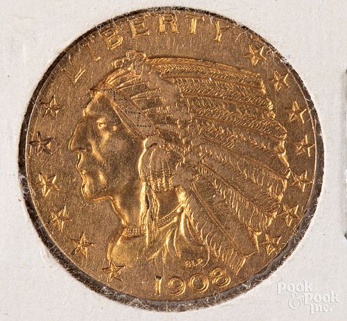 1908 Indian Head five dollar gold coin.