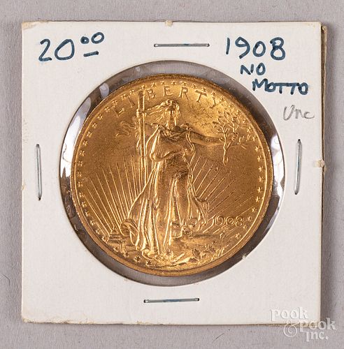 1908 St. Gaudens twenty dollar gold coin, no mott